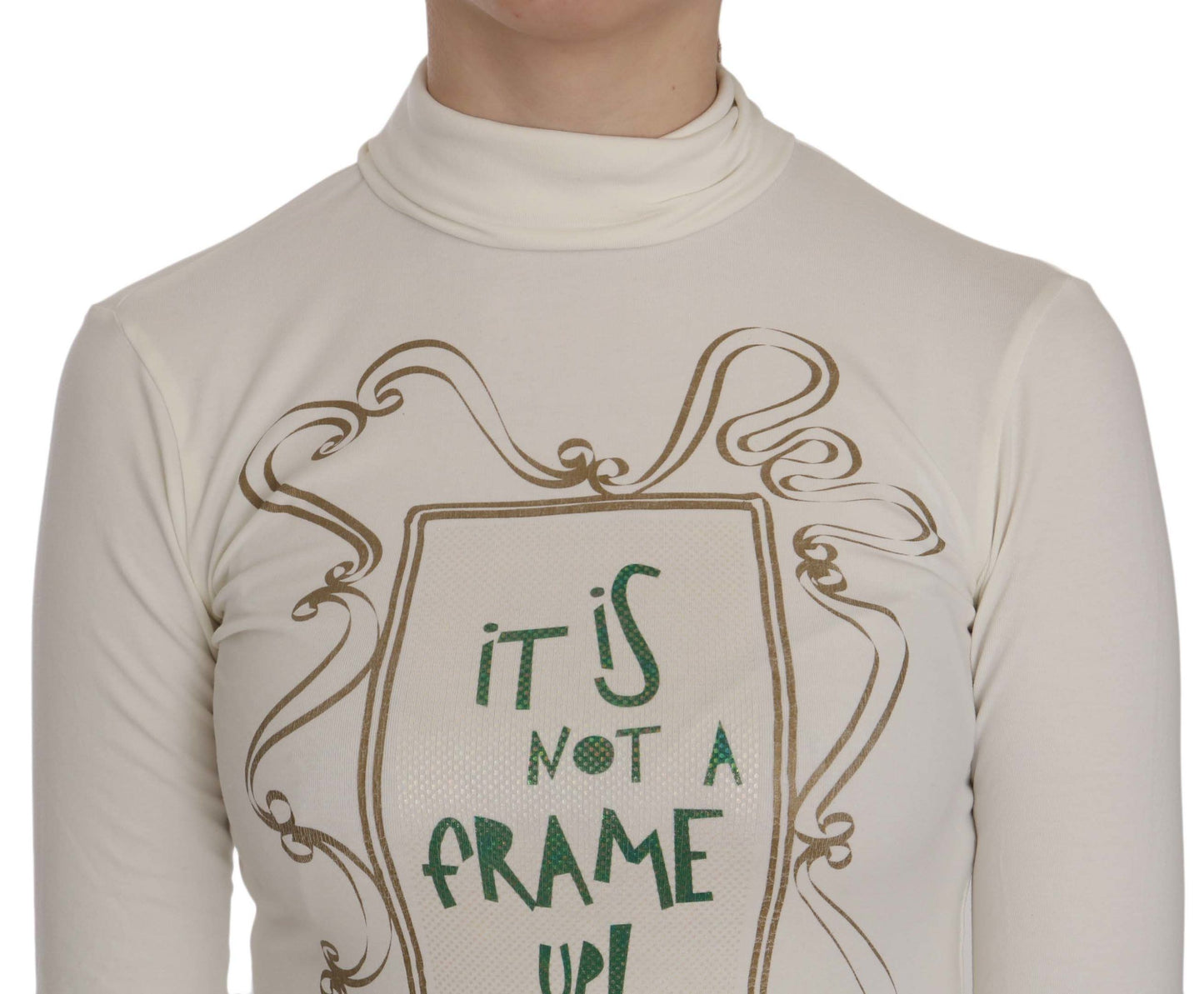 Exte White Printed Turtle Neck 3/4 Sleeve Top Cotton Blouse Exte
