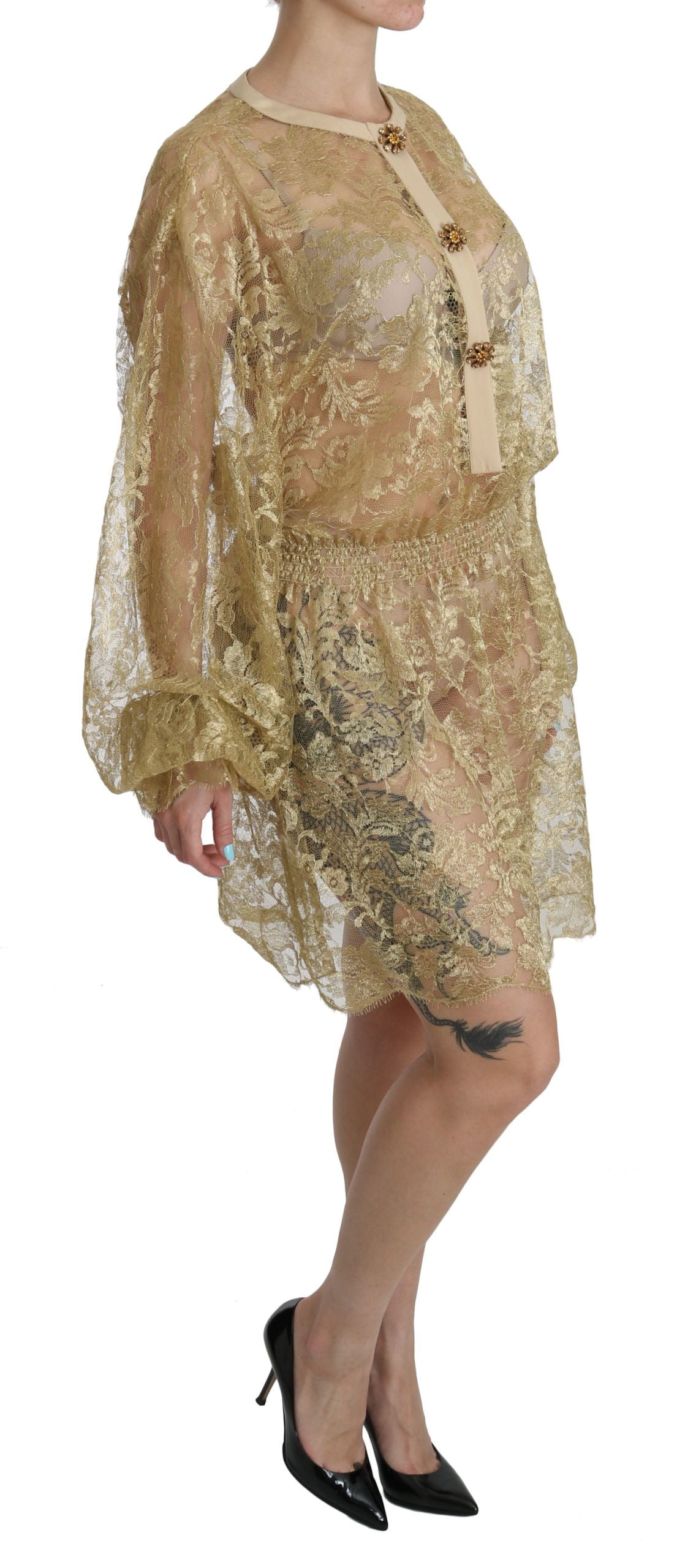 Dolce & Gabbana Gold Lace See Through A-Line Knee Length Dress Dolce & Gabbana
