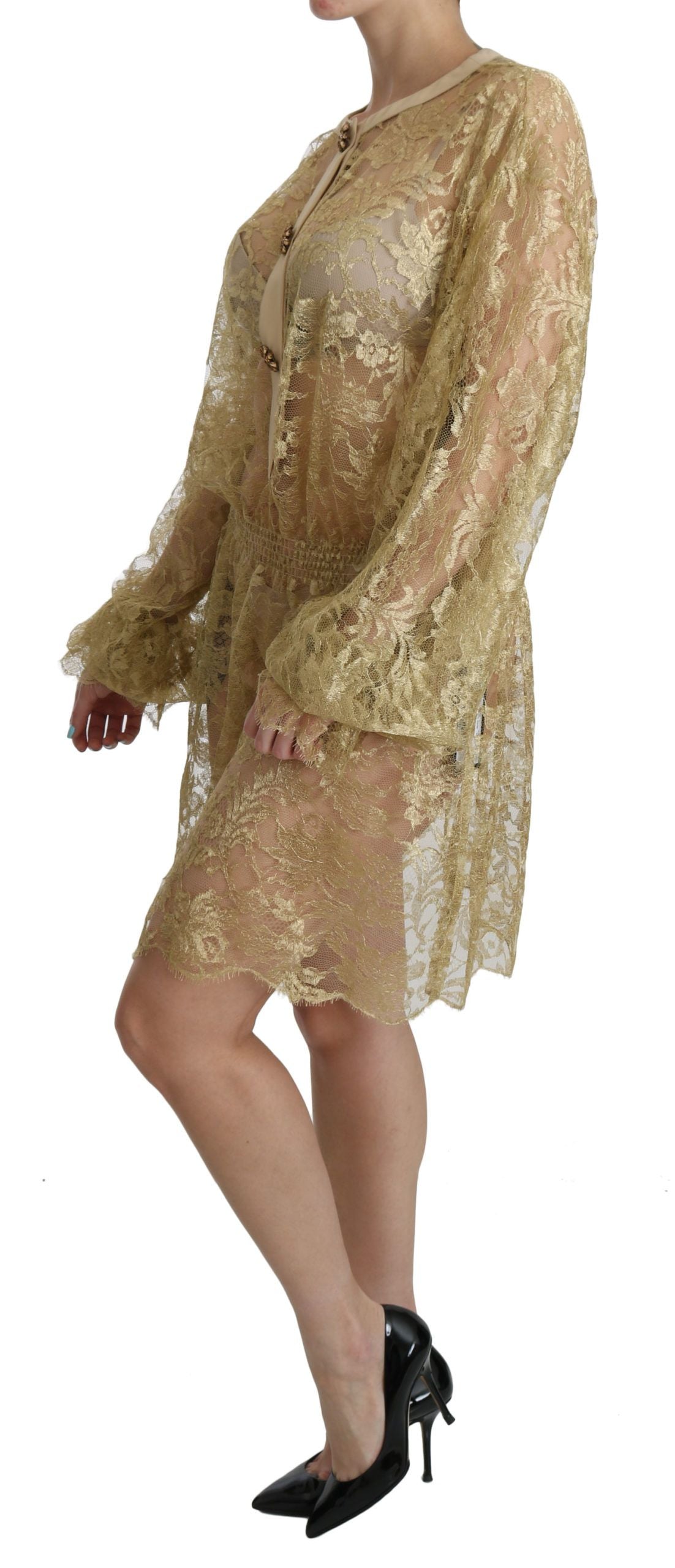 Dolce & Gabbana Gold Lace See Through A-Line Knee Length Dress Dolce & Gabbana