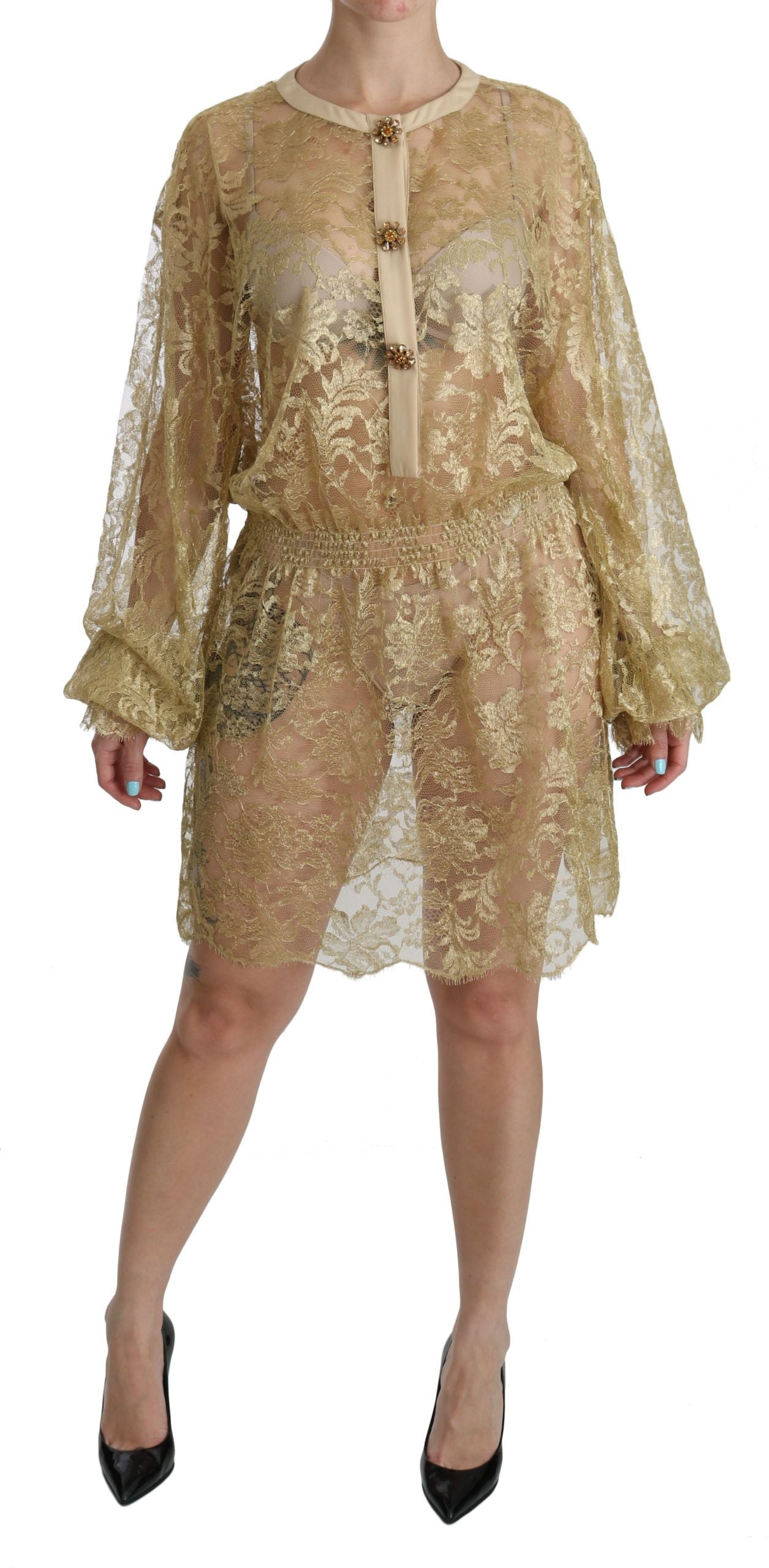 Dolce & Gabbana Gold Lace See Through A-Line Knee Length Dress Dolce & Gabbana