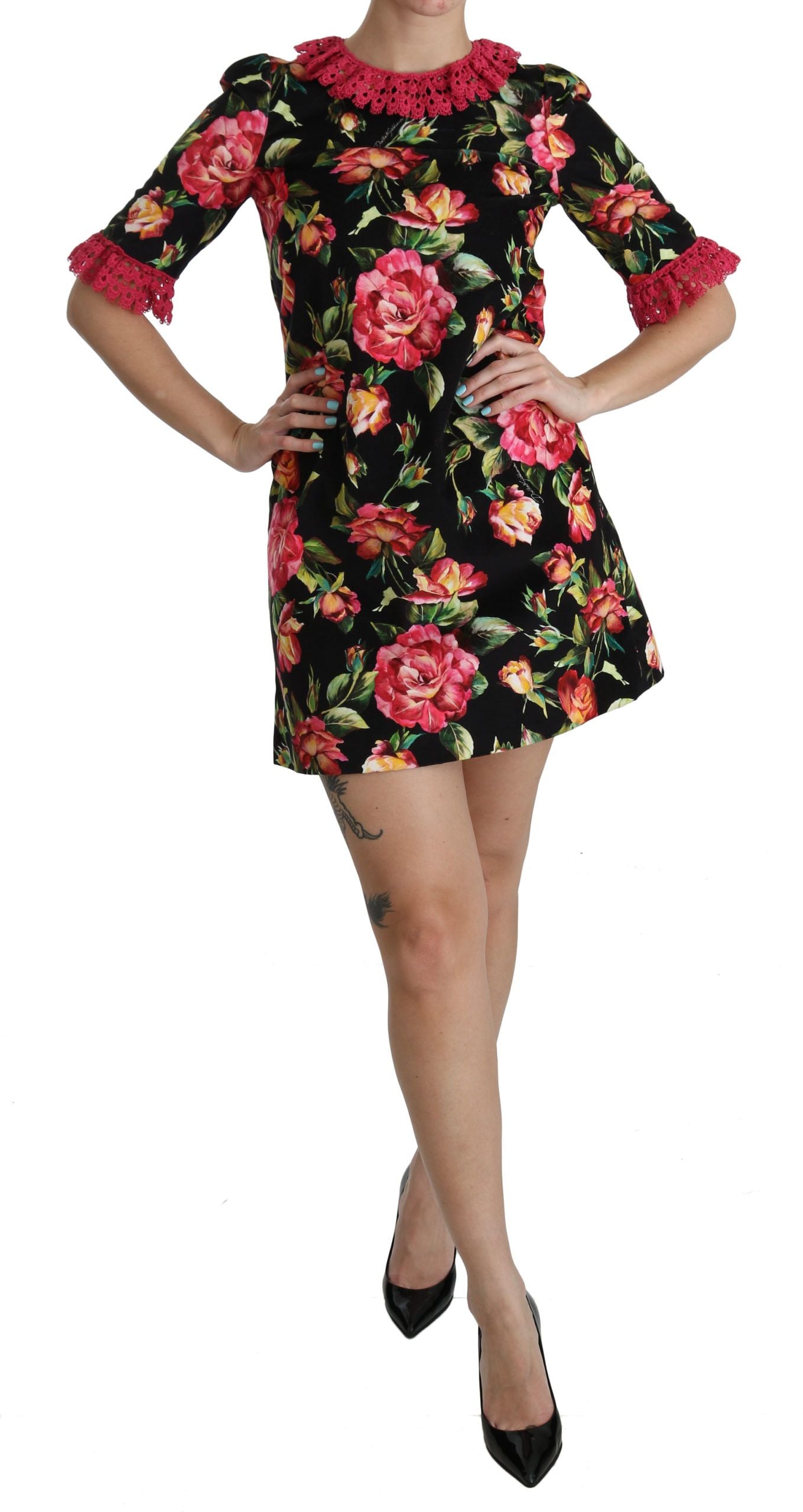 Dolce & Gabbana Floral Pink Lace A-Line Shift Mini Dress Dolce & Gabbana