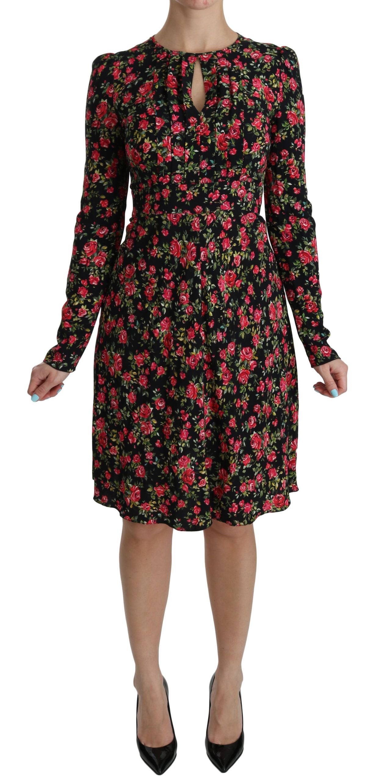 Dolce & Gabbana Black Floral Longsleeve Knee Length Dress Dolce & Gabbana