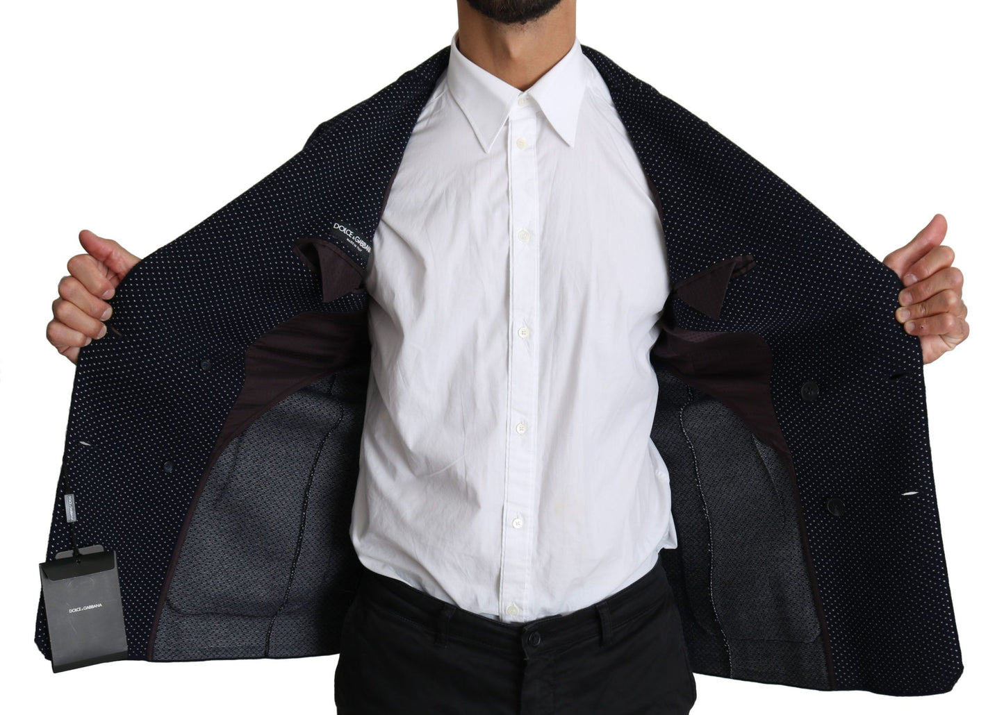 Dolce & Gabbana Dark Blue Dotted Double Breasted Coat Blazer Dolce & Gabbana