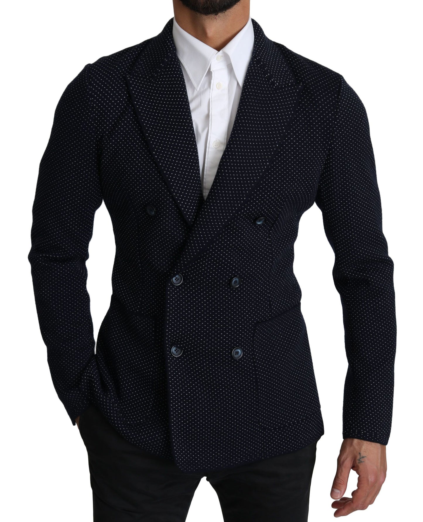 Dolce & Gabbana Dark Blue Dotted Double Breasted Coat Blazer Dolce & Gabbana