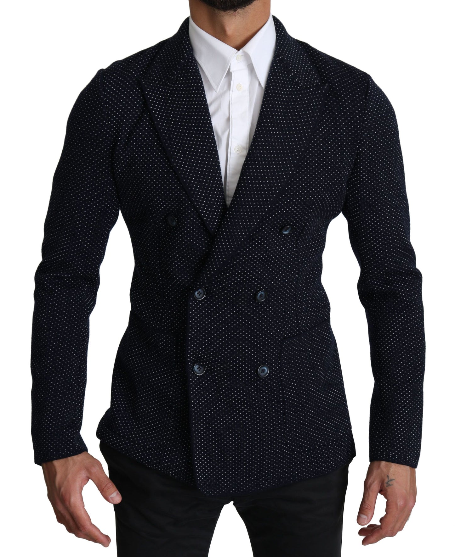 Dolce & Gabbana Dark Blue Dotted Double Breasted Coat Blazer Dolce & Gabbana