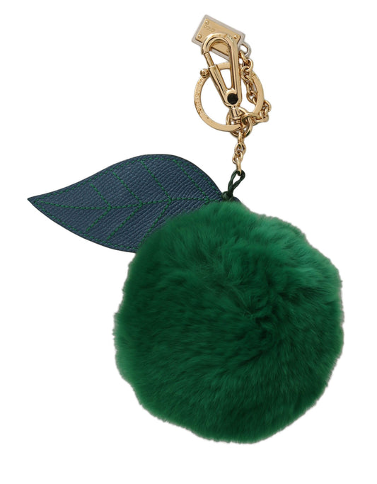 Dolce & Gabbana Green Leather Fur Gold Clasp Keyring Women Keychain Dolce & Gabbana