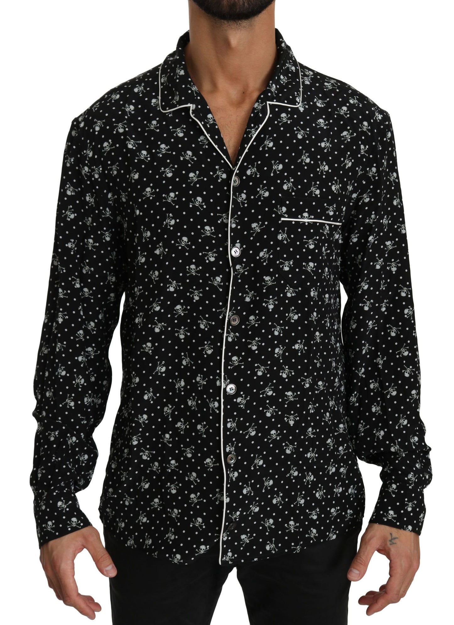 Dolce & Gabbana Black Skull Print Silk Sleepwear Shirt Dolce & Gabbana