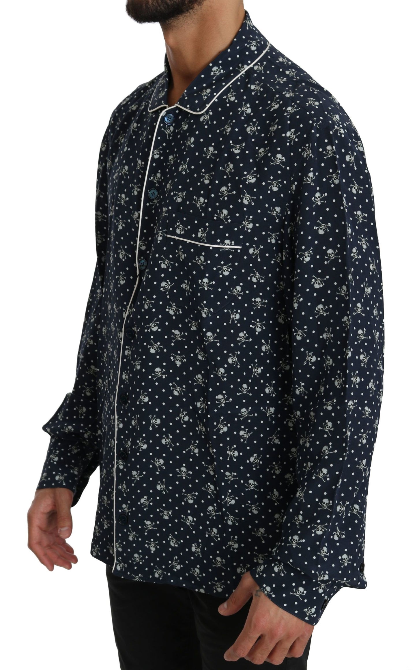 Dolce & Gabbana Blue Skull Print Silk Top Sleepwear Shirt Dolce & Gabbana
