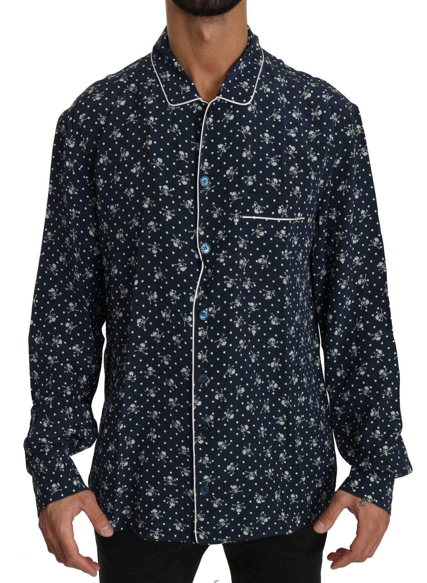 Dolce & Gabbana Blue Skull Print Silk Top Sleepwear Shirt Dolce & Gabbana