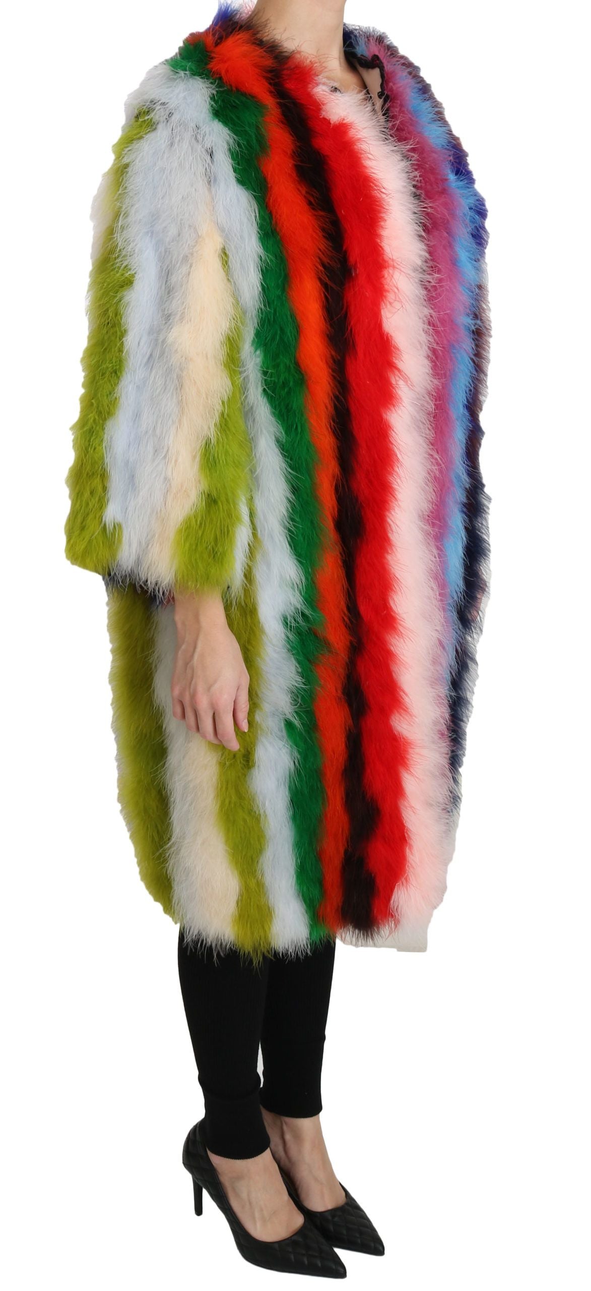 Dolce & Gabbana Multicolor Turkey Feather Cape Fur Coat Dolce & Gabbana