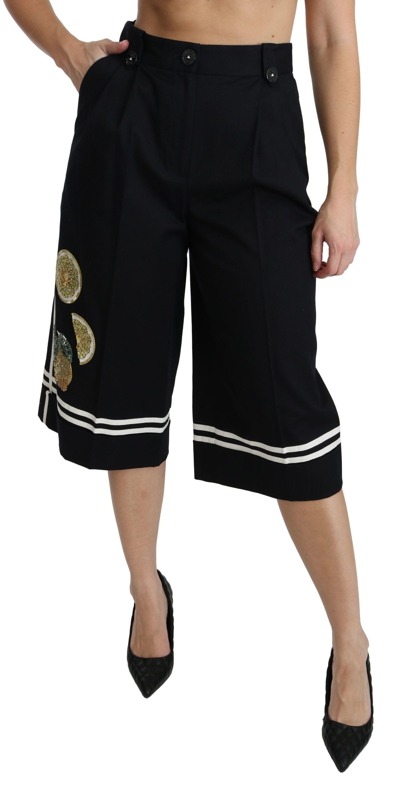 Dolce & Gabbana Black Lemon Embellished Palazzo Cropped Pants Dolce & Gabbana