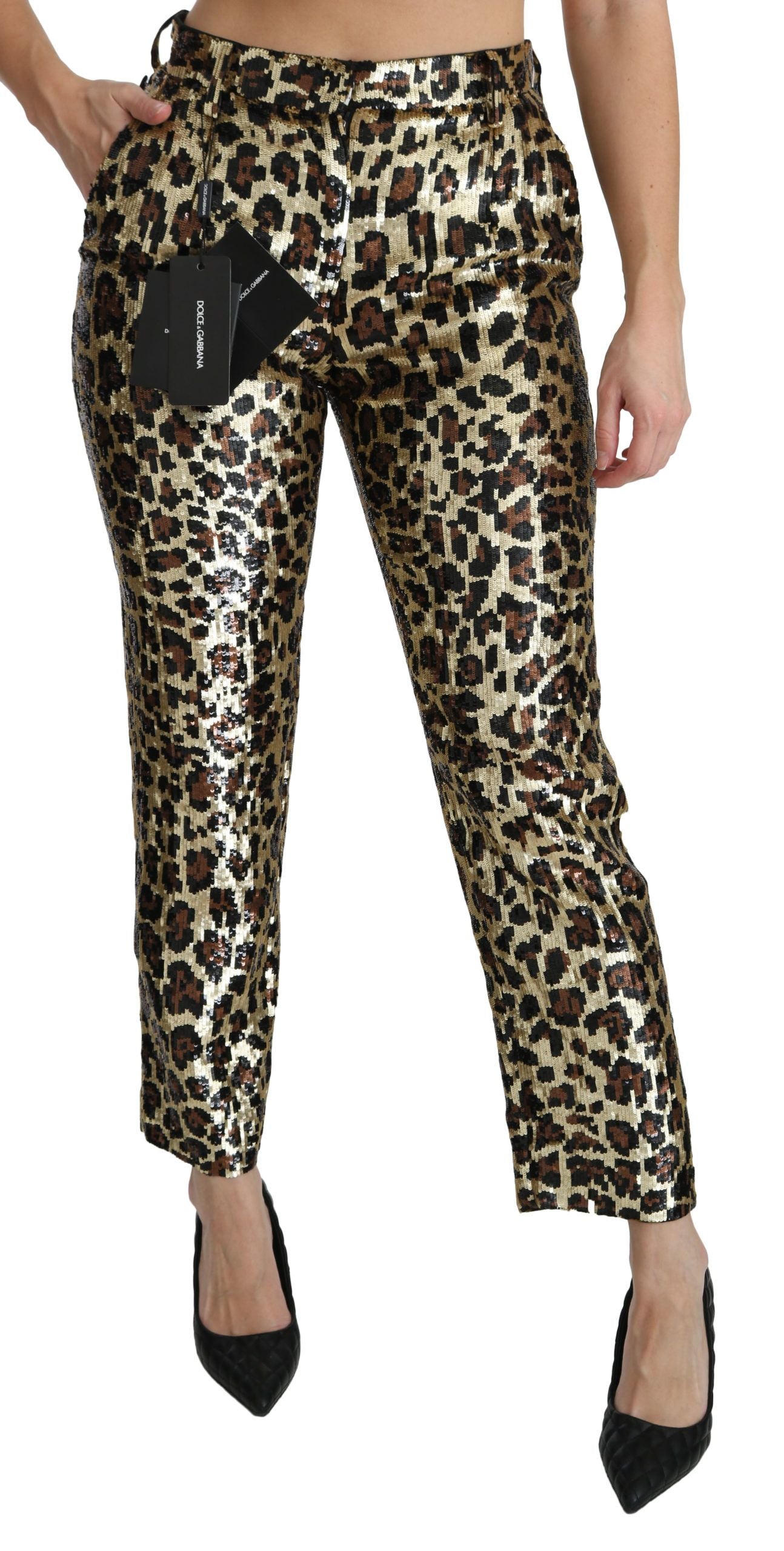 Dolce & Gabbana Brown Leopard Sequined High Waist Pants Dolce & Gabbana