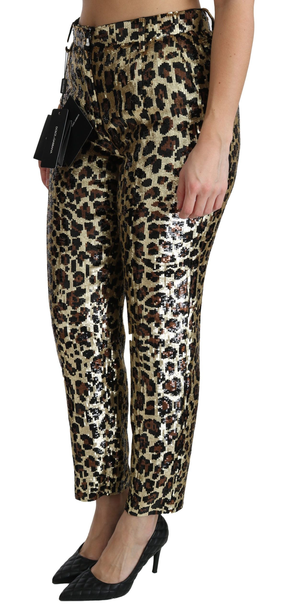 Dolce & Gabbana Brown Leopard Sequined High Waist Pants Dolce & Gabbana