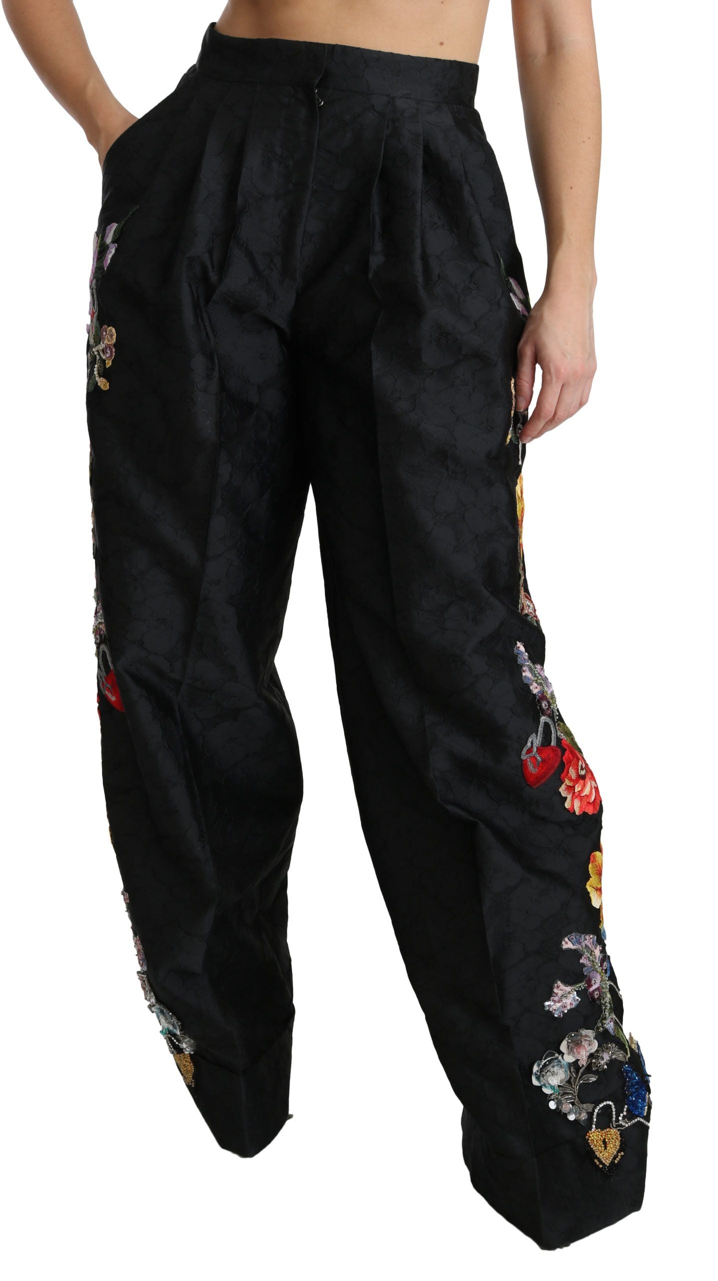 Dolce & Gabbana Black Brocade Floral Sequined Beaded Pants Dolce & Gabbana