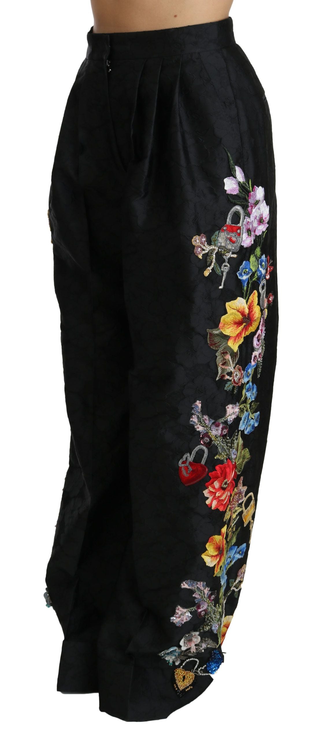 Dolce & Gabbana Black Brocade Floral Sequined Beaded Pants Dolce & Gabbana