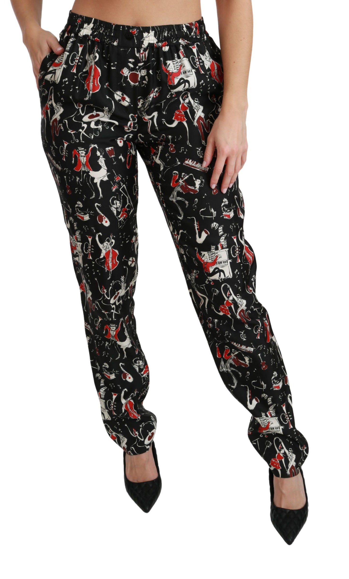 Dolce & Gabbana Black Silk Instrument Mid Waist Pants Dolce & Gabbana