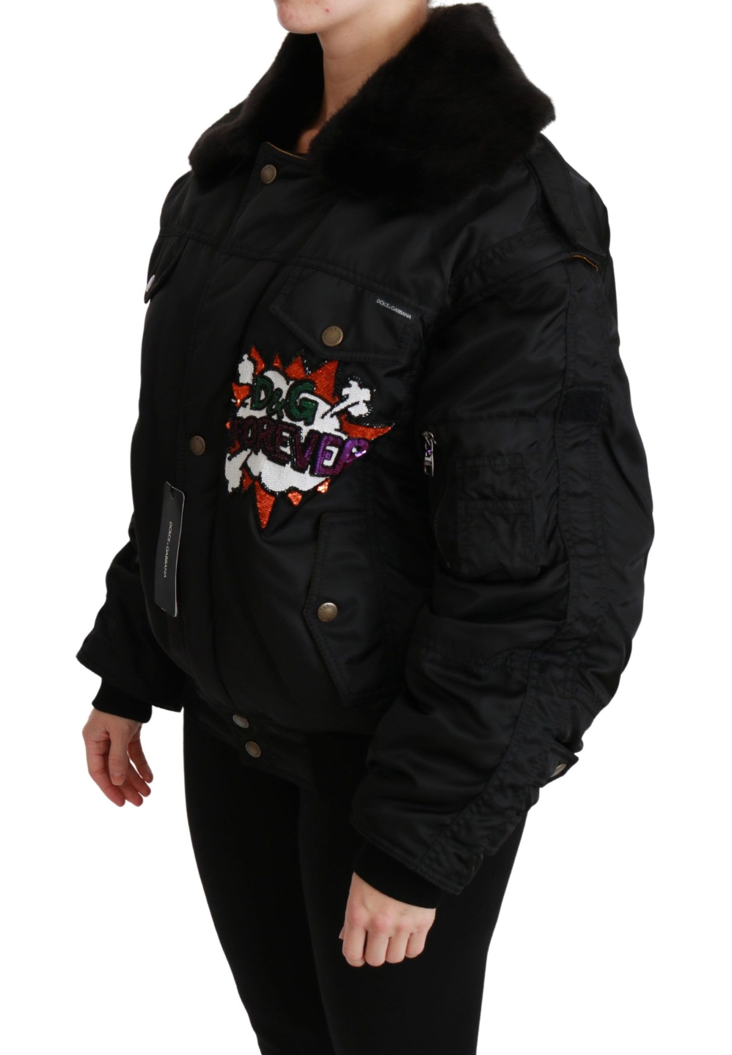 Dolce & Gabbana Black Queen Crown Sequined Bomber Jacket Dolce & Gabbana