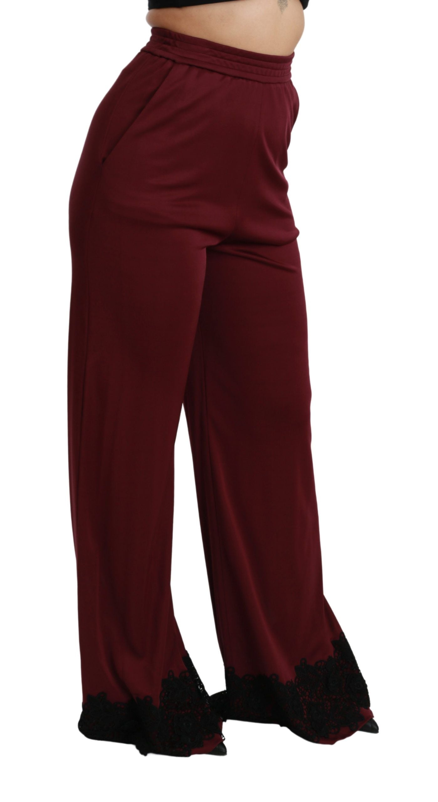 Dolce & Gabbana Black Lace High Waist Wide Leg Maroon Pants Dolce & Gabbana