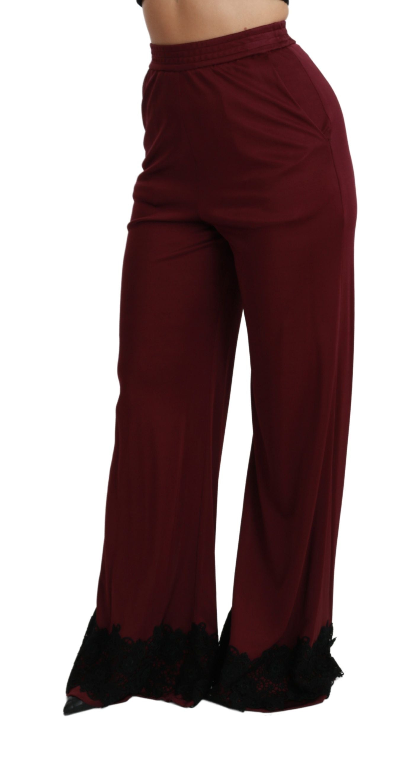 Dolce & Gabbana Black Lace High Waist Wide Leg Maroon Pants Dolce & Gabbana