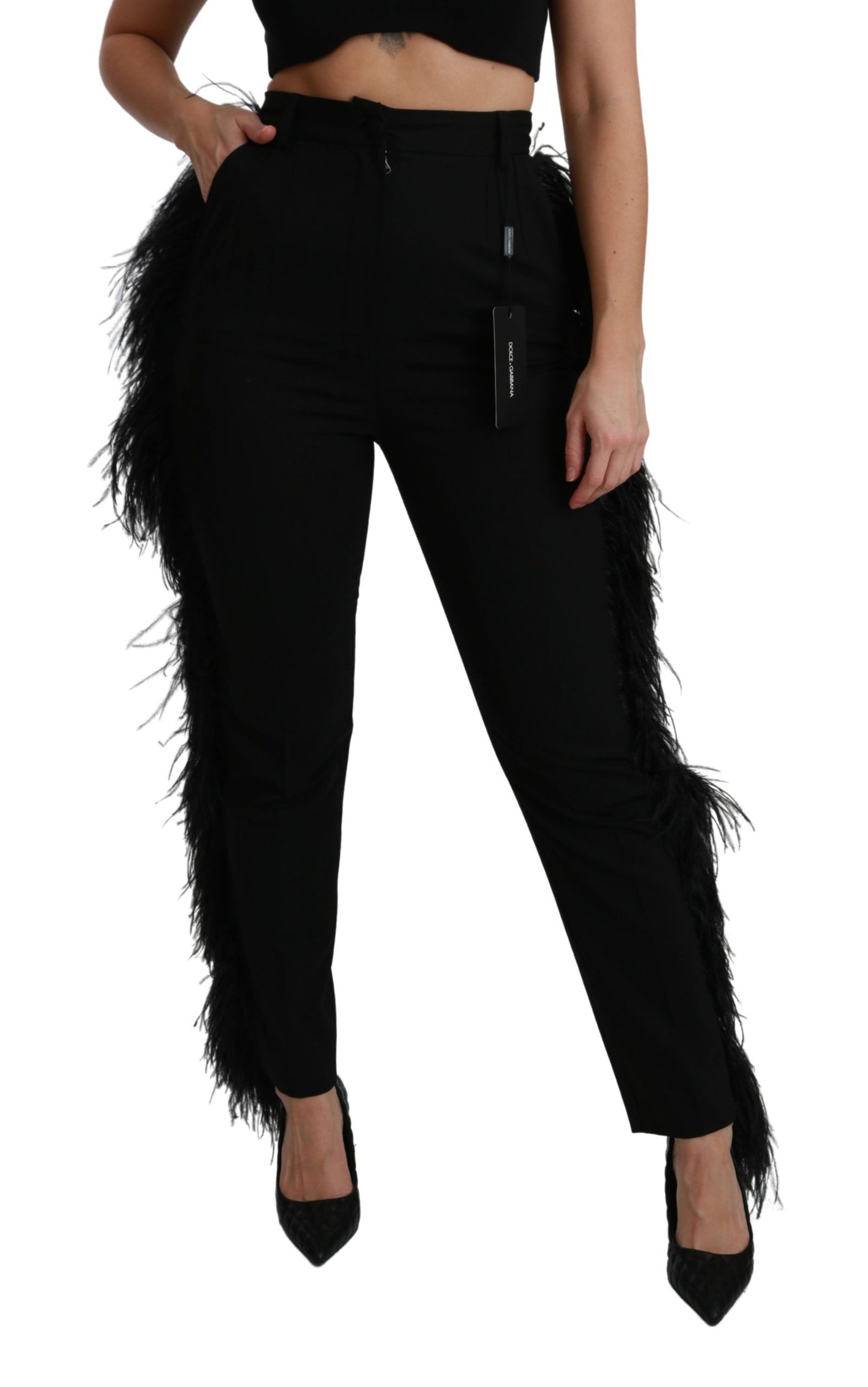 Dolce & Gabbana Black Feather Straight High Waist Wool Pants Dolce & Gabbana