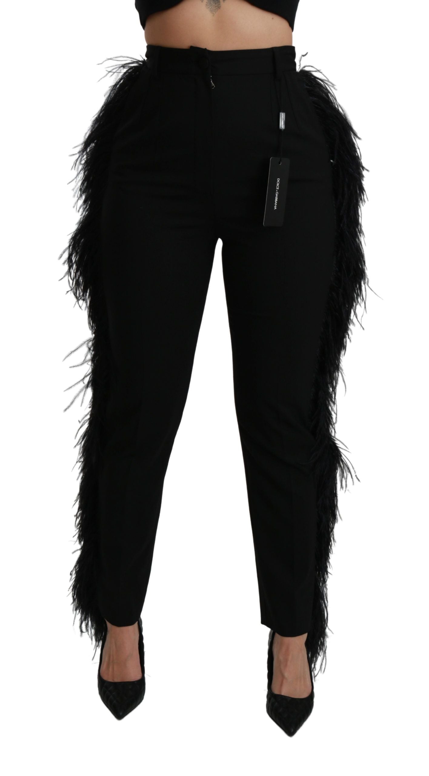 Dolce & Gabbana Black Feather Straight High Waist Wool Pants Dolce & Gabbana