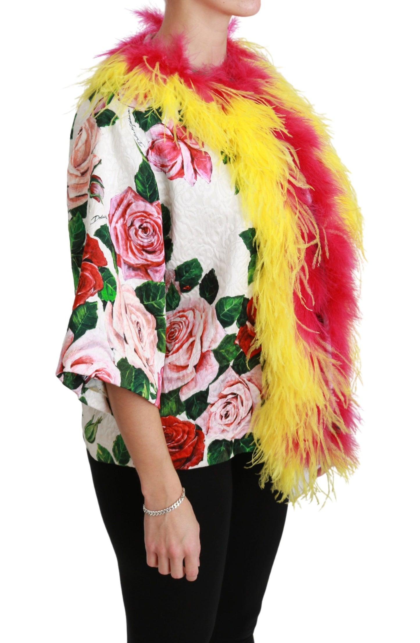 Dolce & Gabbana White Floral Coat Capte Fur Roses Jacket Dolce & Gabbana