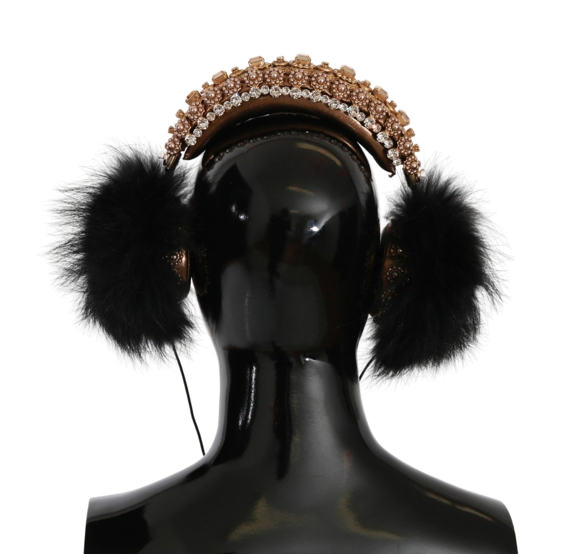 Dolce & Gabbana Gold Black Crystal Fur Headset Audio Headphones Dolce & Gabbana