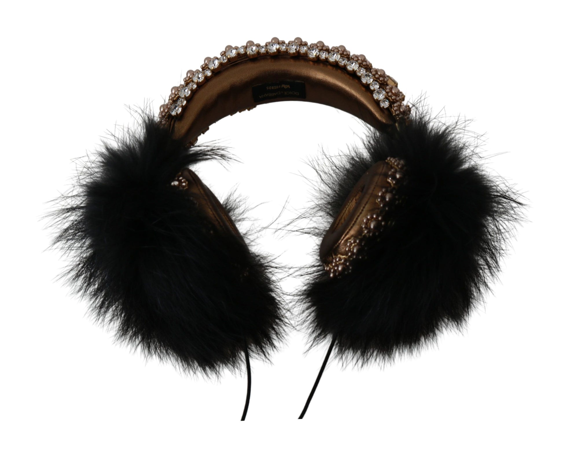 Dolce & Gabbana Gold Black Crystal Fur Headset Audio Headphones Dolce & Gabbana