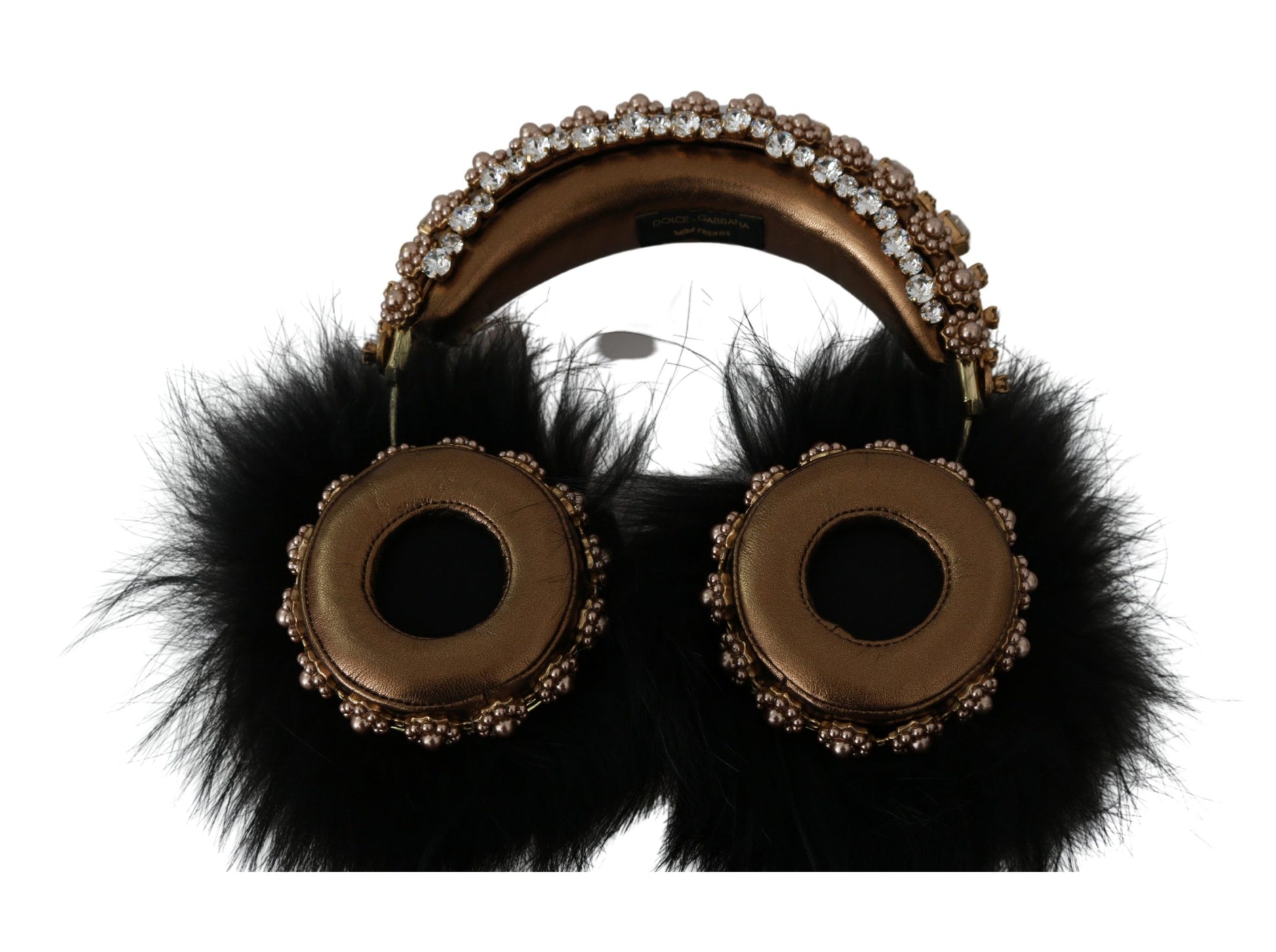 Dolce & Gabbana Gold Black Crystal Fur Headset Audio Headphones Dolce & Gabbana