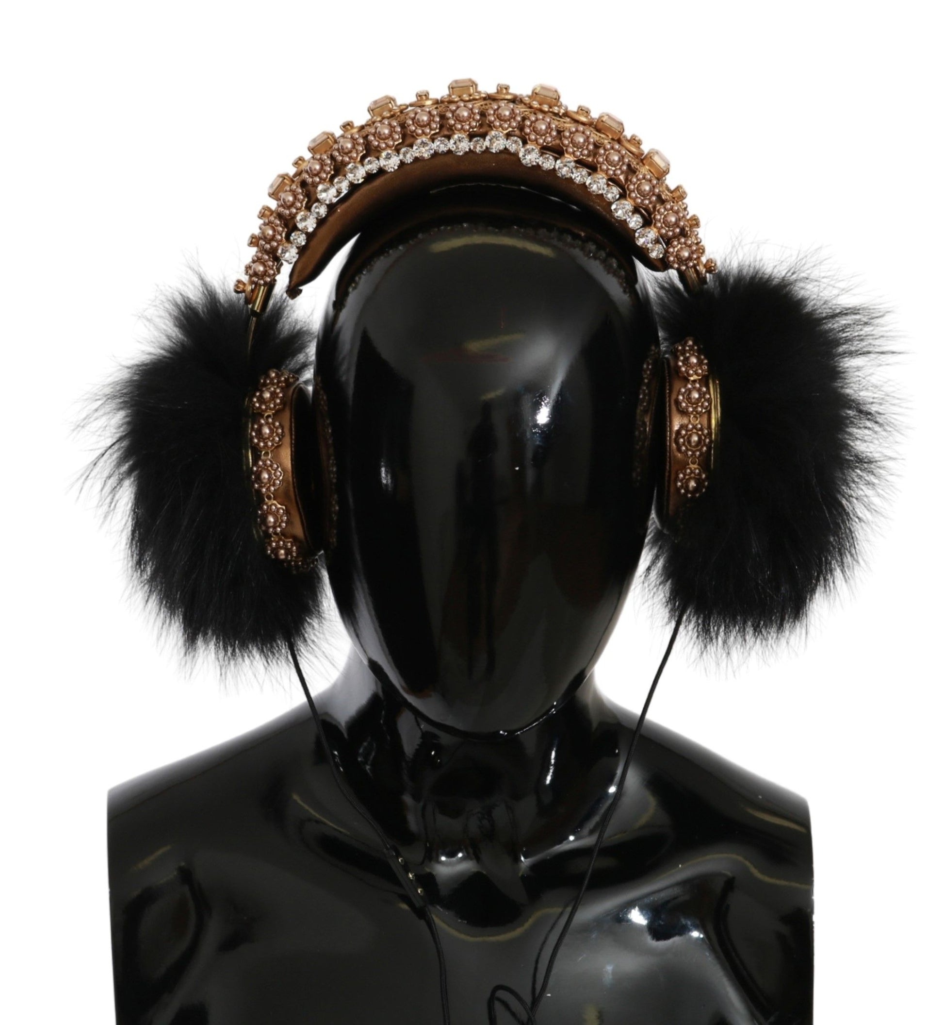 Dolce & Gabbana Gold Black Crystal Fur Headset Audio Headphones Dolce & Gabbana