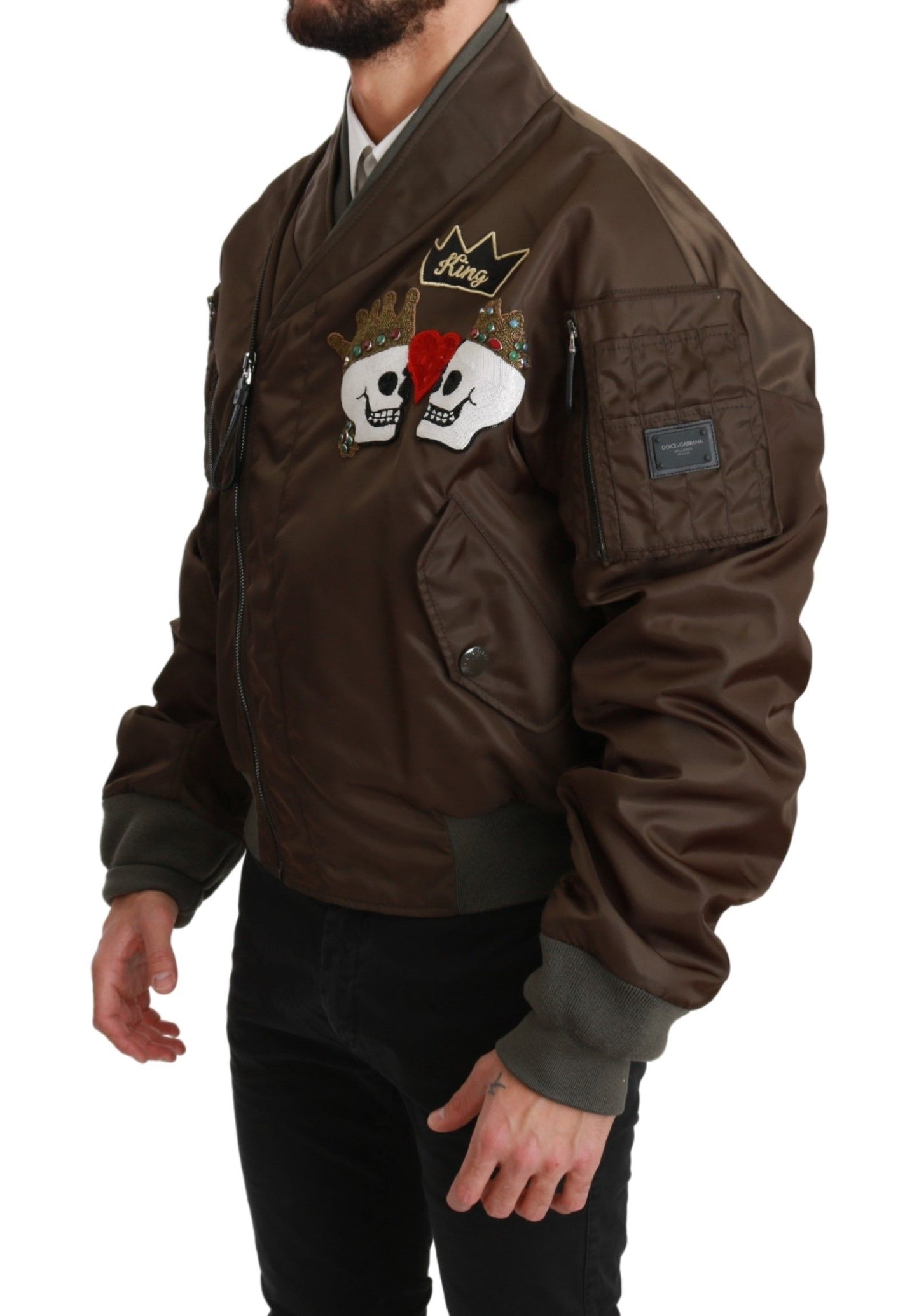 Dolce & Gabbana Brown Beaded Crown Skull Logo Jacket Dolce & Gabbana