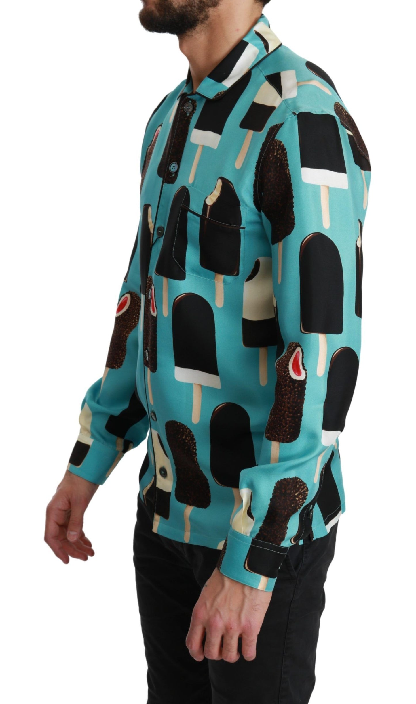 Dolce & Gabbana Blue Silk Ice Cream Print Casual Shirt Dolce & Gabbana