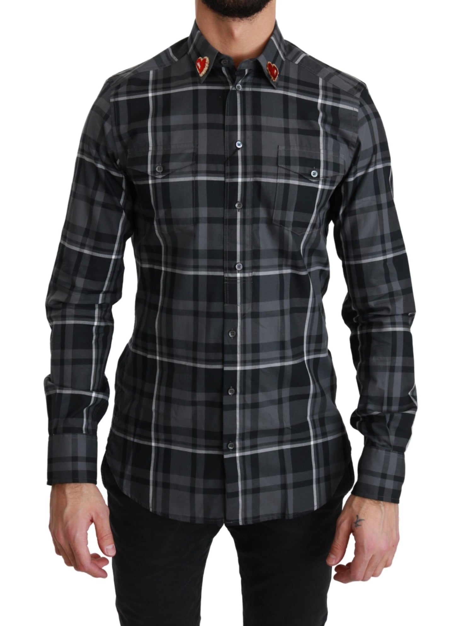 Dolce & Gabbana Gray Checkered Heart Collar MARTINI Shirt Dolce & Gabbana