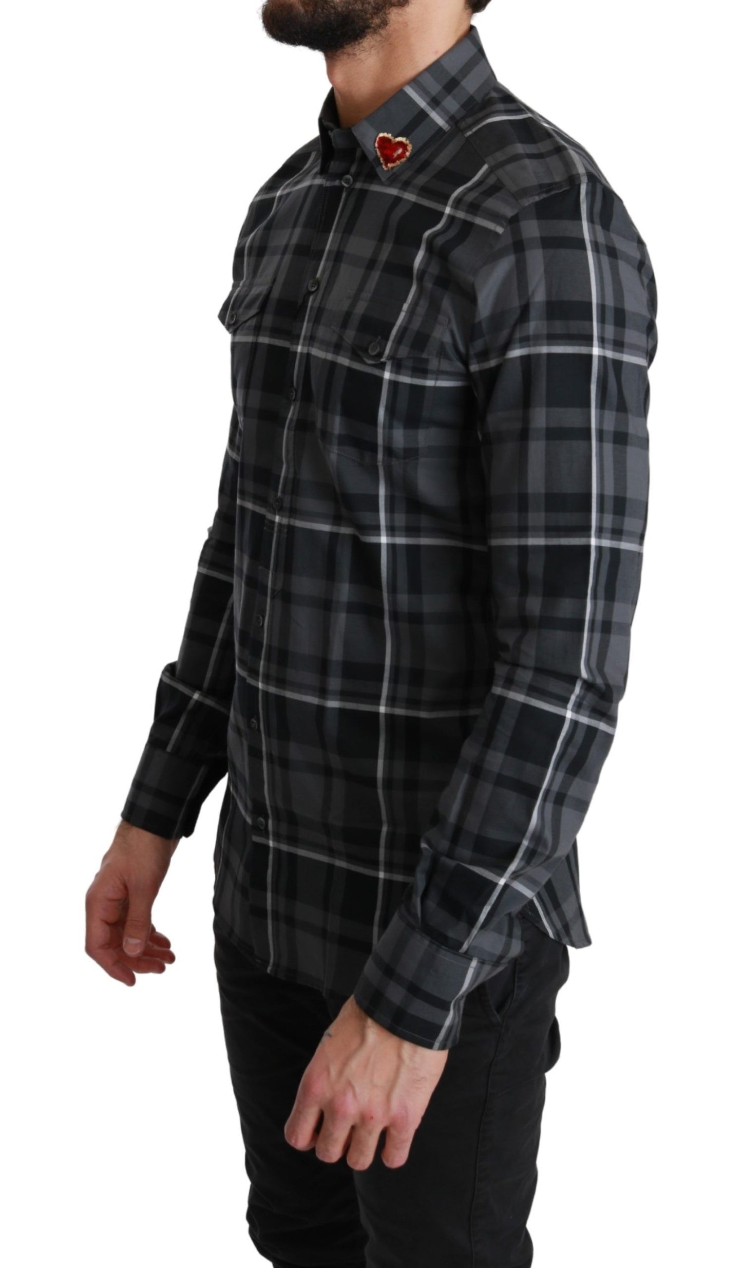 Dolce & Gabbana Gray Checkered Heart Collar MARTINI Shirt Dolce & Gabbana