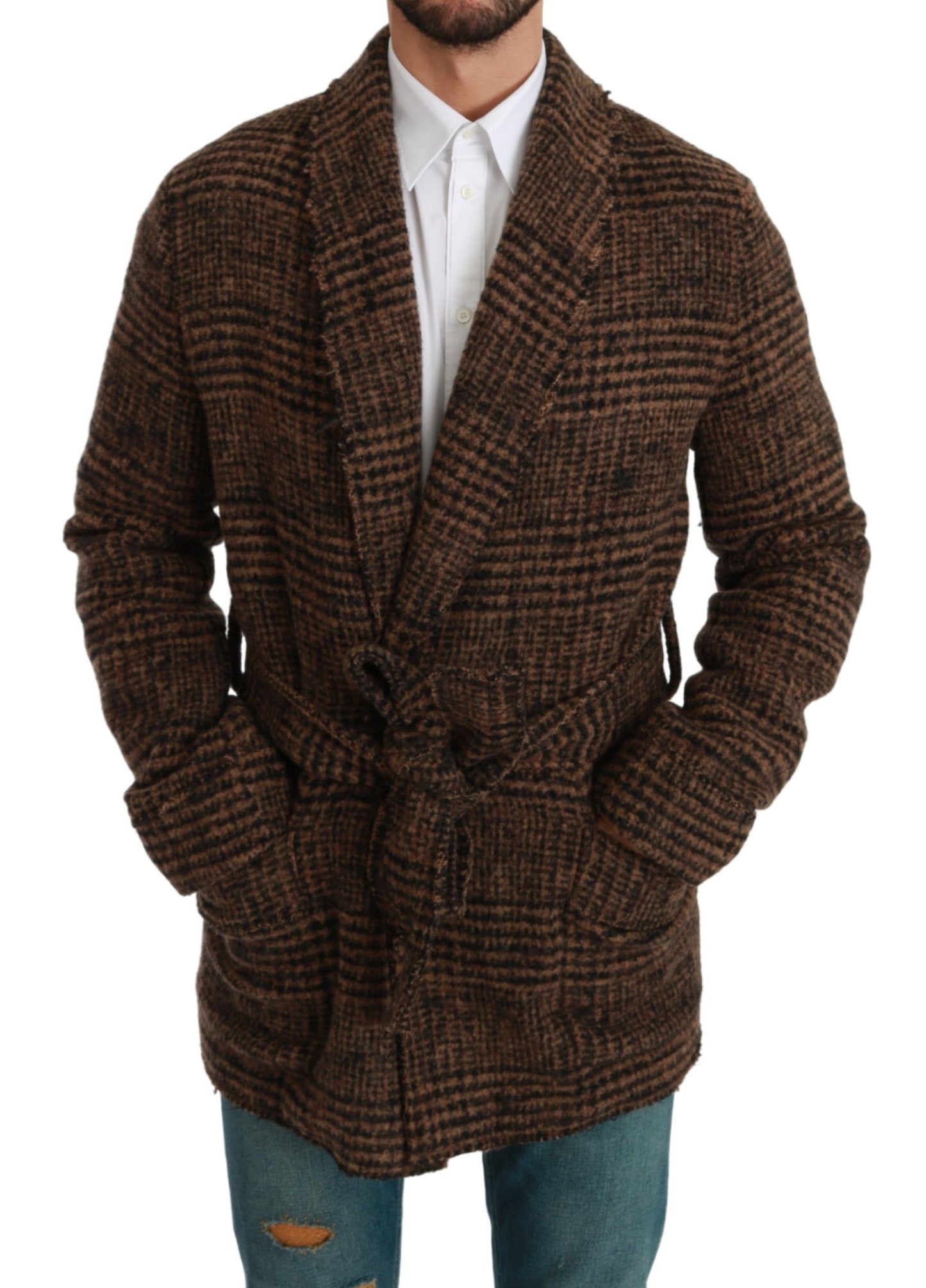 Dolce & Gabbana Brown Checkered Wool Robe Coat Wrap Jacket Dolce & Gabbana
