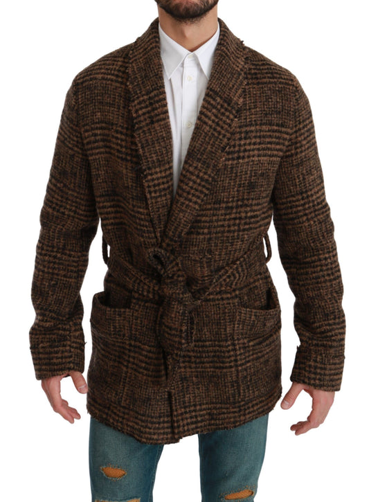Dolce & Gabbana Brown Checkered Wool Robe Coat Wrap Jacket Dolce & Gabbana