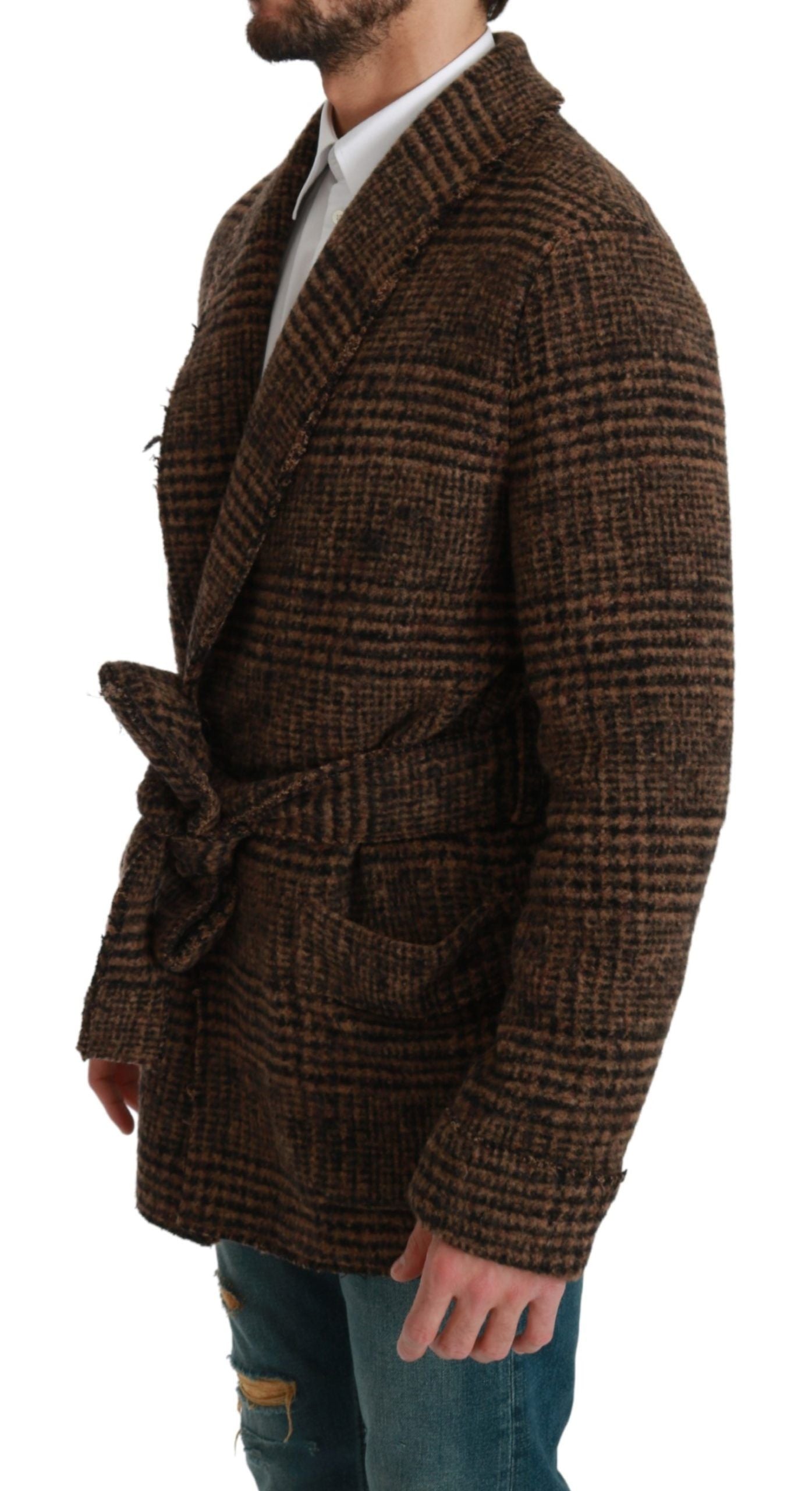 Dolce & Gabbana Brown Checkered Wool Robe Coat Wrap Jacket Dolce & Gabbana