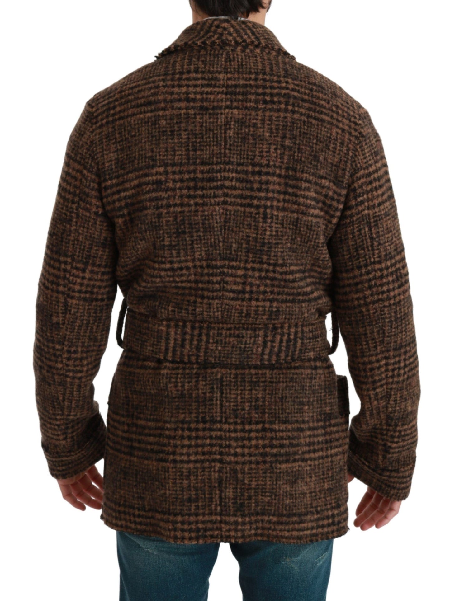 Dolce & Gabbana Brown Checkered Wool Robe Coat Wrap Jacket Dolce & Gabbana