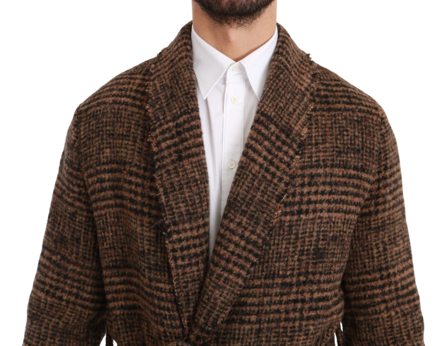 Dolce & Gabbana Brown Checkered Wool Robe Coat Wrap Jacket Dolce & Gabbana