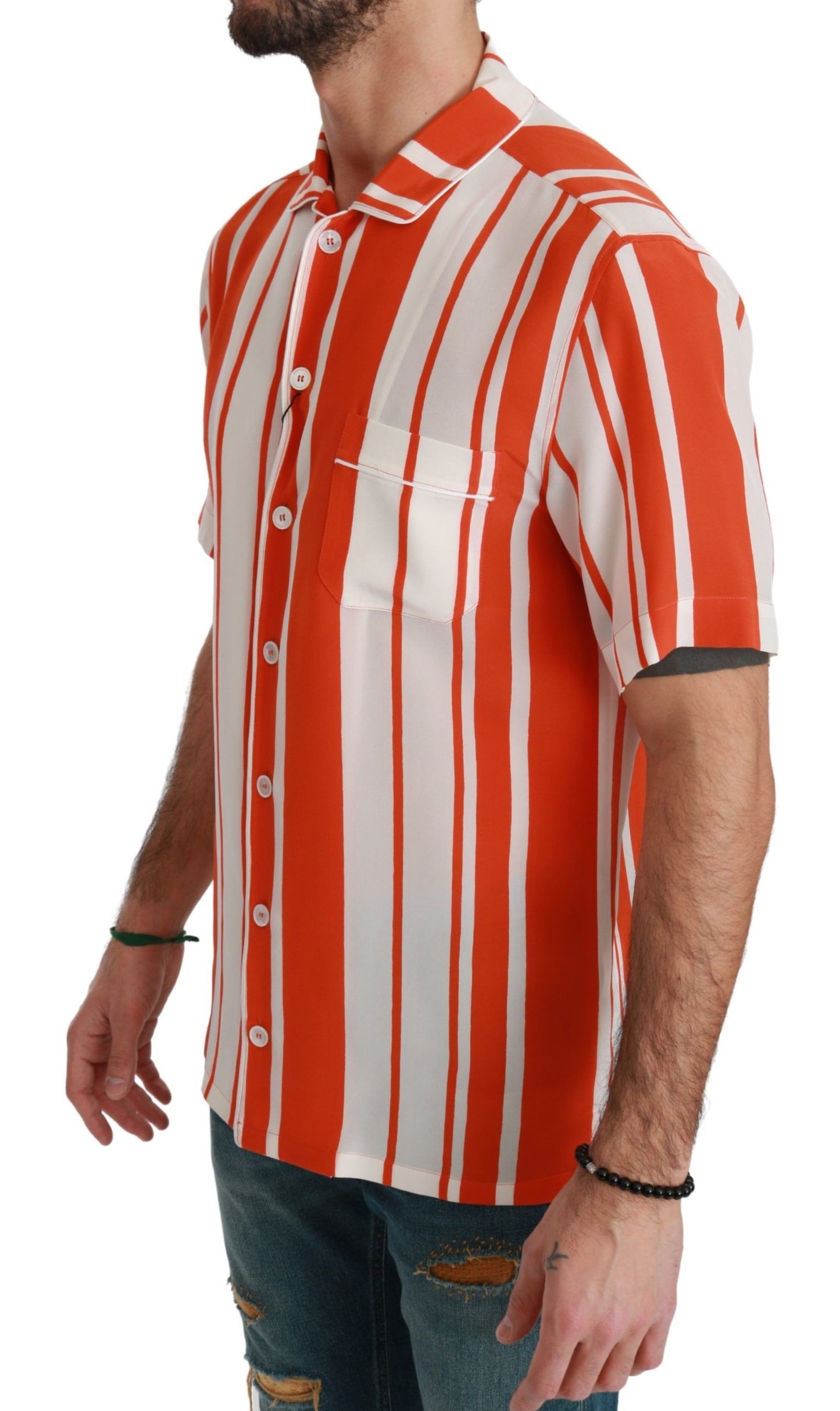 Dolce & Gabbana Orange Silk Striped Short Sleeve White Shirt Dolce & Gabbana