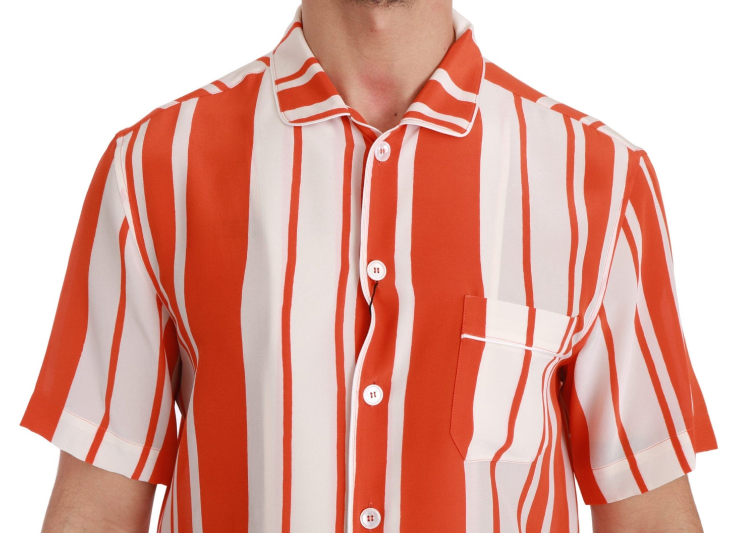 Dolce & Gabbana Orange Silk Striped Short Sleeve White Shirt Dolce & Gabbana