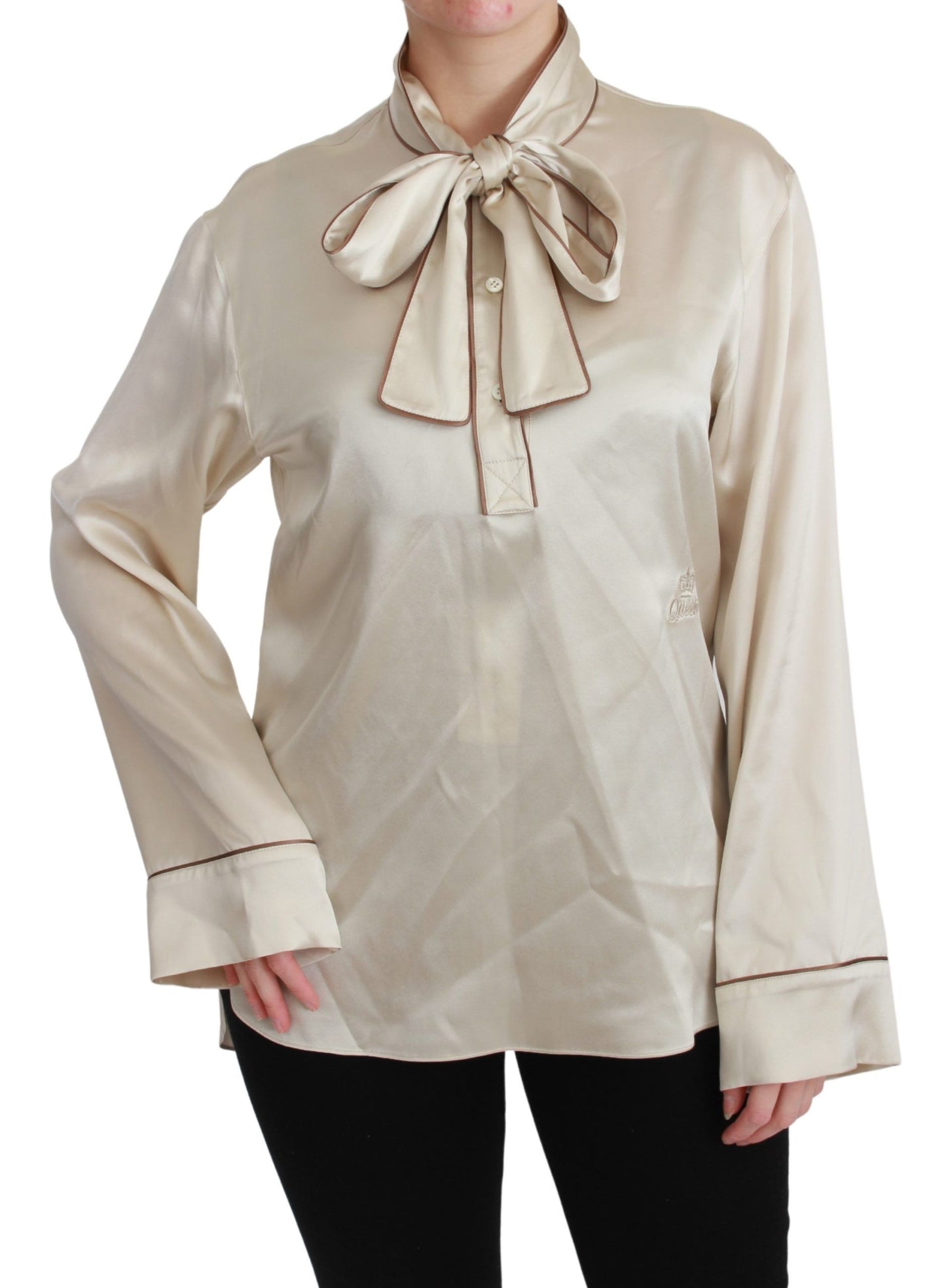 Dolce & Gabbana Beige Sleeve Top Queen Silk Satin Blouse Dolce & Gabbana