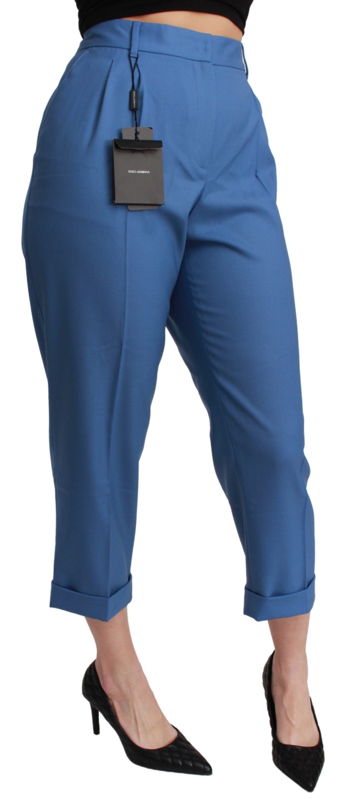 Dolce & Gabbana Blue Pleated Wool Cuffed Cropped Trouser Pants Dolce & Gabbana
