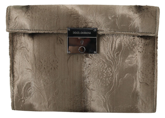 Dolce & Gabbana Beige Velvet Floral Leather Men Document Briefcase Dolce & Gabbana
