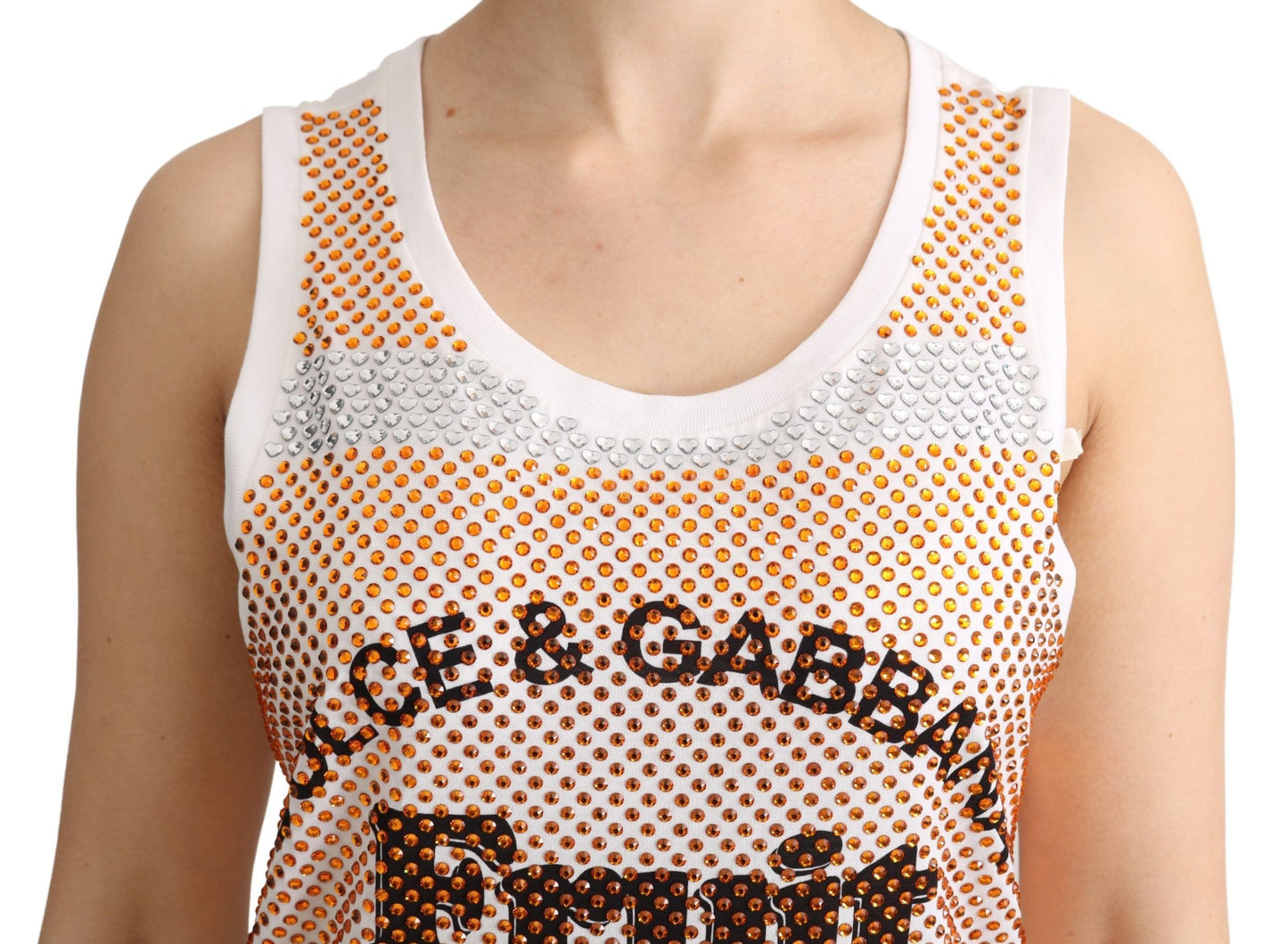Dolce & Gabbana White Orange Crystal Sleeveless Tank Cotton Top Dolce & Gabbana