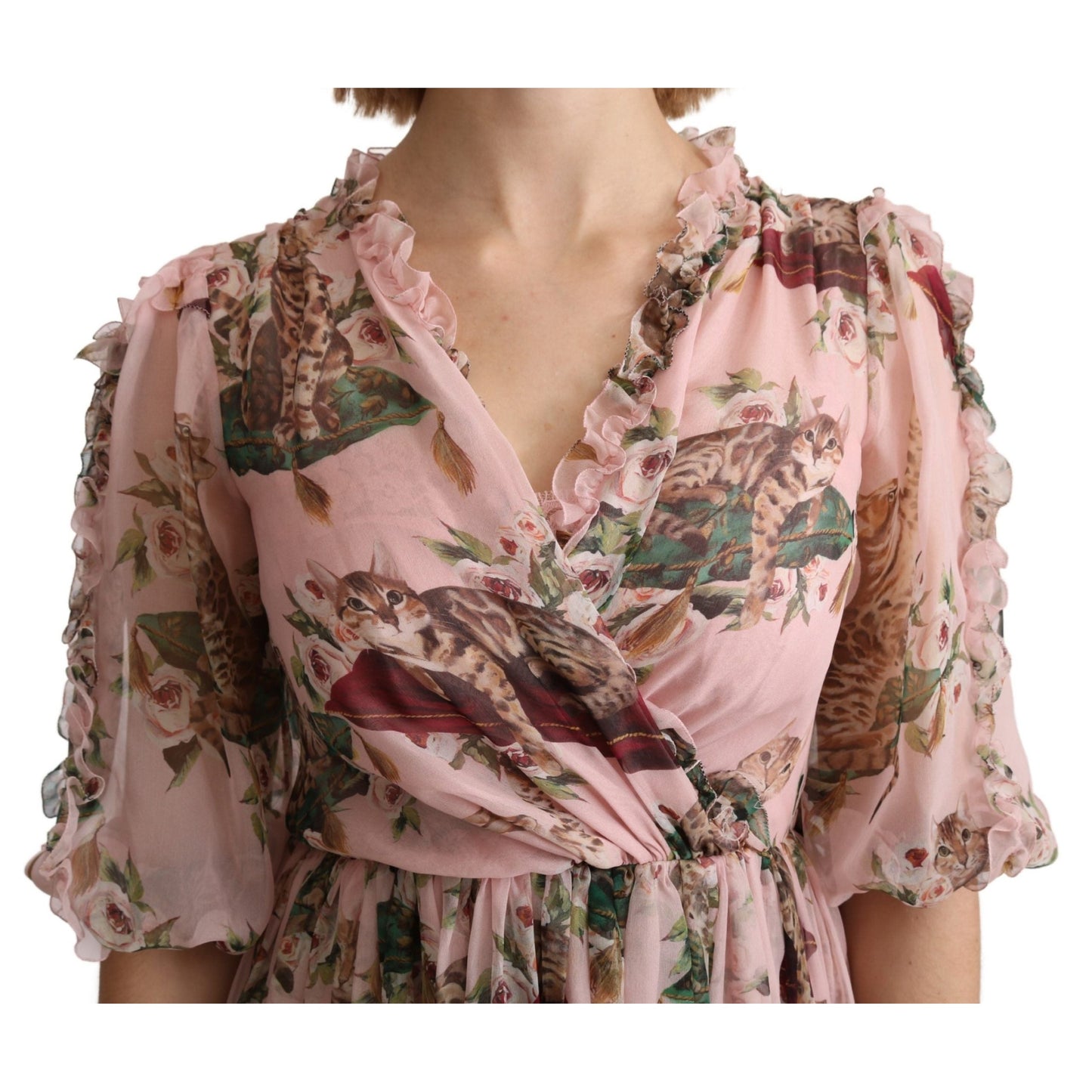 Dolce & Gabbana Pink Bengal Cat Print A-line Maxi Silk Dress