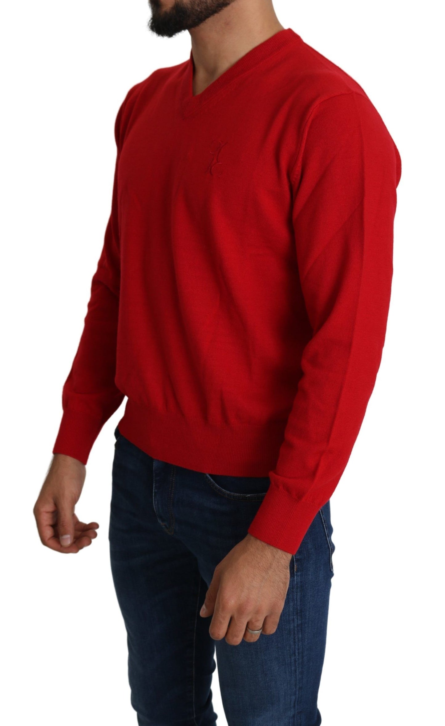 Billionaire Italian Couture Red V-neck Wool Sweatshirt Pullover Sweater Billionaire Italian Couture