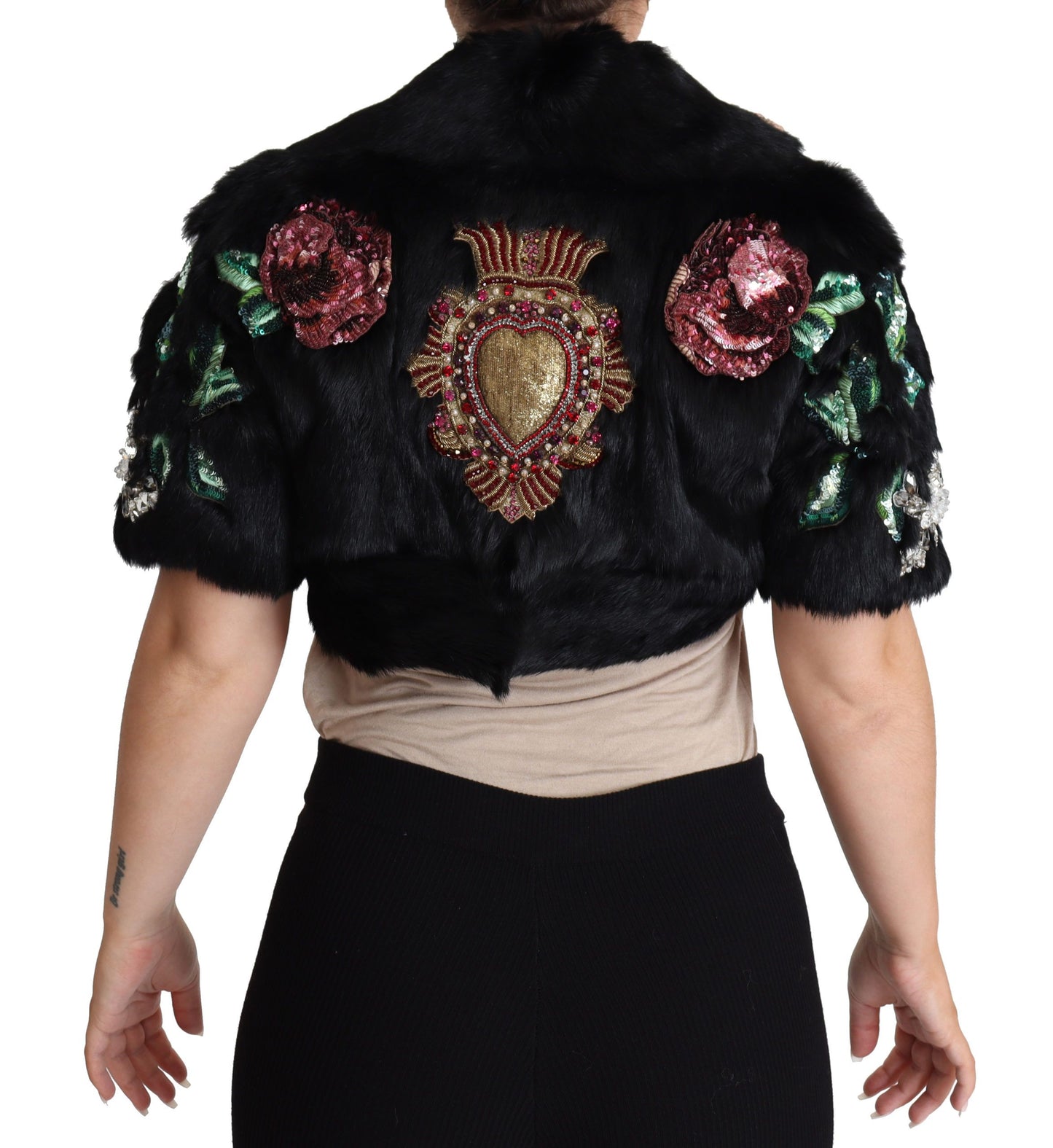 Dolce & Gabbana Black Rabbit Fur Crystals Sequin Coat Dolce & Gabbana