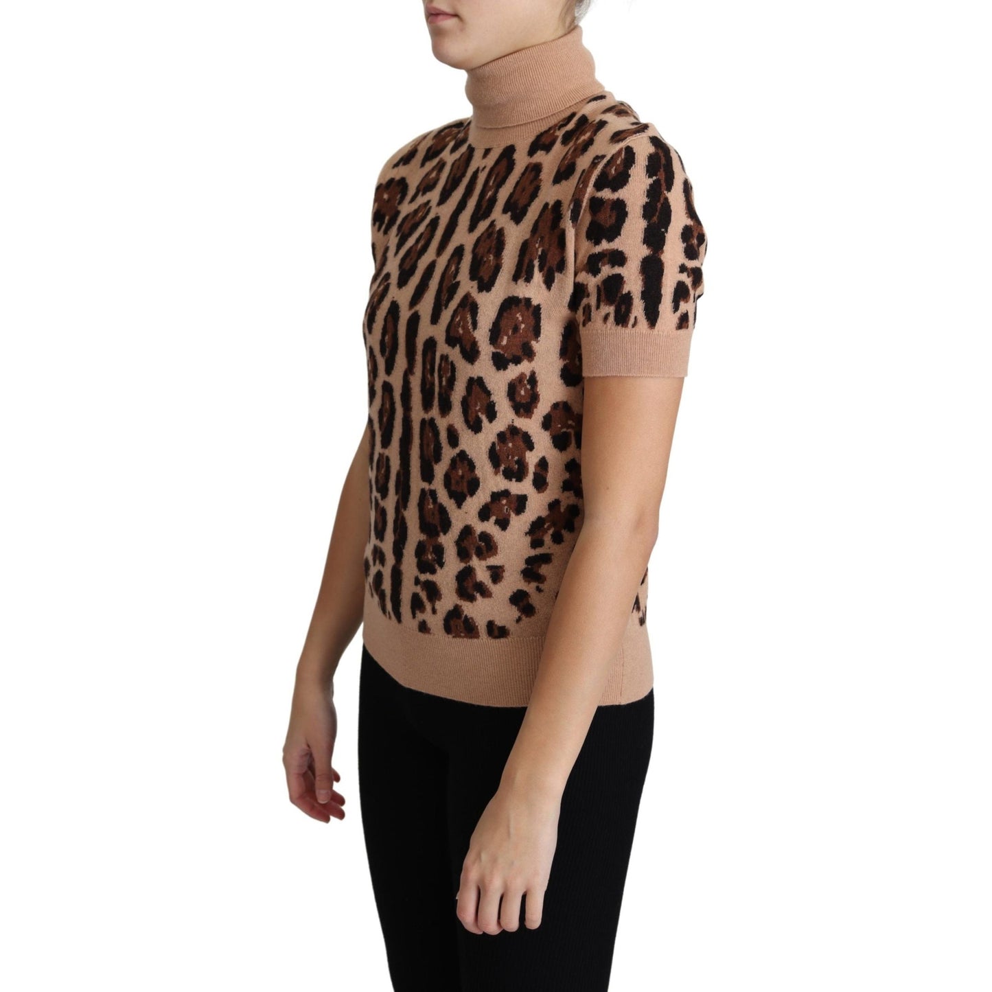 Dolce & Gabbana Beige Leopard Print Virgin Wool Turtleneck Top