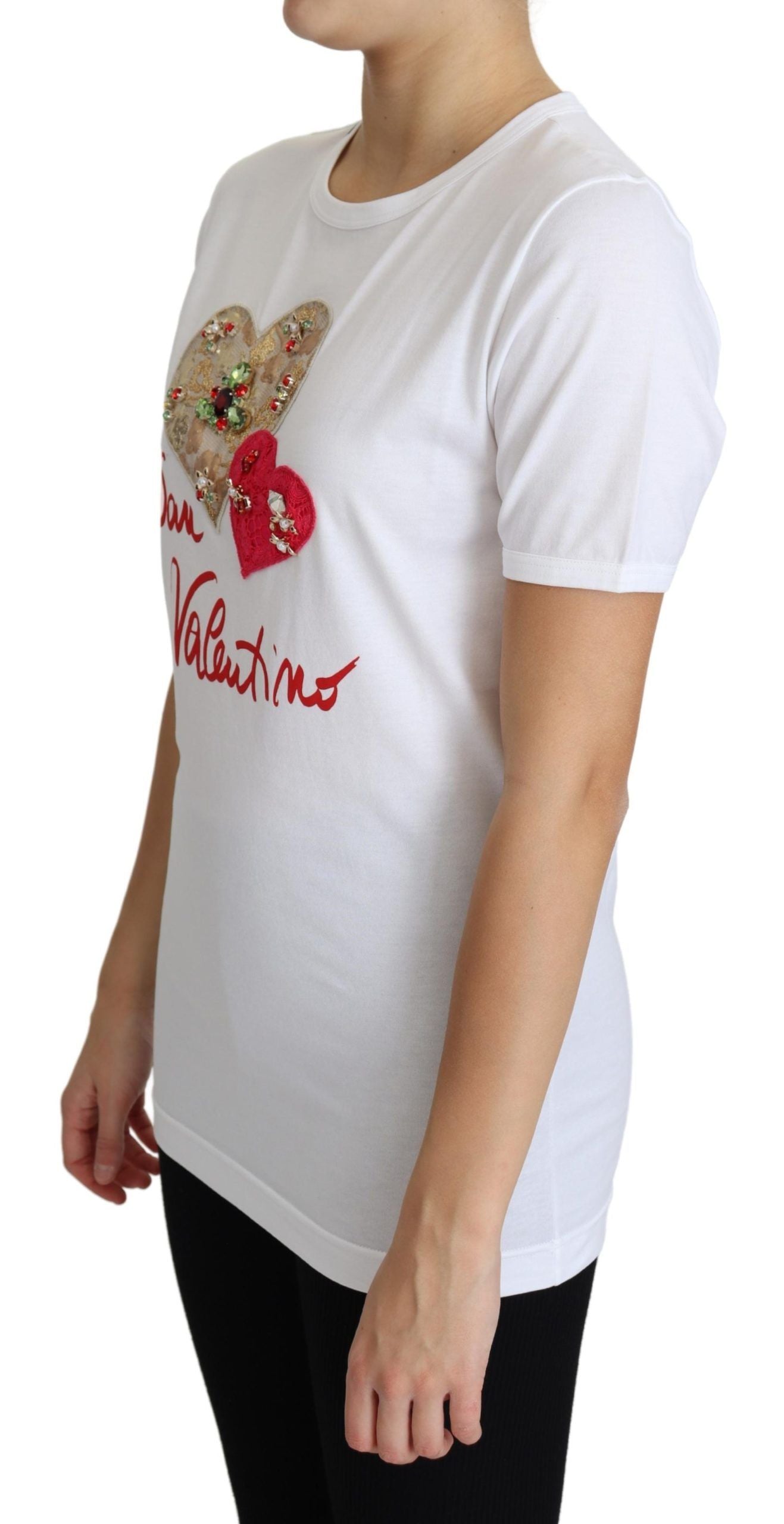 Dolce & Gabbana White San Valentino Heart Crystals T-shirt Top Dolce & Gabbana